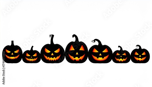 Spooky Halloween Jack-O-Lantern Border – Glowing Pumpkins with Evil Faces, Vector Style, Isolated on White Background