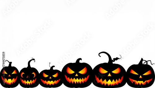 Spooky Halloween Jack-O-Lantern Border – Glowing Pumpkins with Evil Faces, Vector Style, Isolated on White Background
