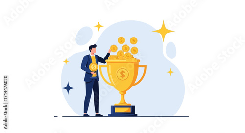 Achievement Illustration: A Businessman's Triumph and Monetary Reward in Digital Design