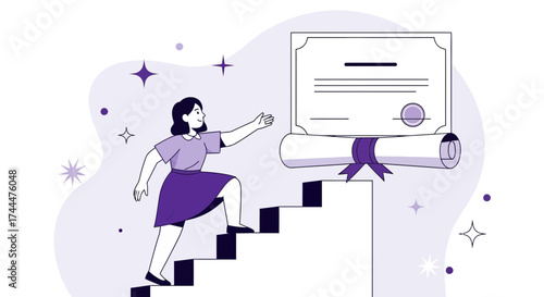 Achievement Journey: Woman Ascending Steps To Acquire Graduation Diploma and Success