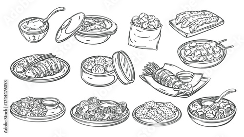 Hong Kong street food outline set with Asian dishes wonton noodles, tofu pudding, roast duck, curry fish balls, fried squid, and sweet egg tarts. Vector illustration of local chinese cuisine
