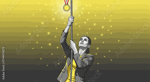 Achievement Pursuit: Businesswoman Reaching For The Gold Medal Of Success And Recognition