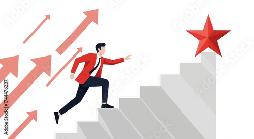 Achieving Ambition: Businessman Climbing Steps Towards Star, With Rising Arrows and Goals