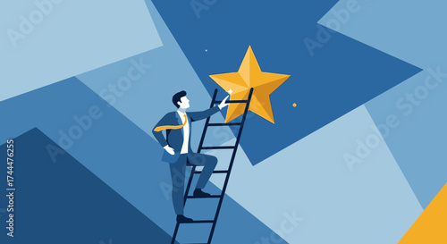 Achieving Ambition: Person Reaching For Golden Star, Climbing Ladder Of Success