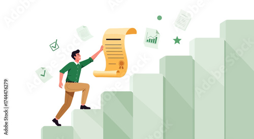 Achieving Aspirations: A Man Ascending Steps, Holding a Certificate for Success