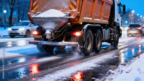 Snowplow truck spreading salt on icy road during evening winter snowstorm in urban setting