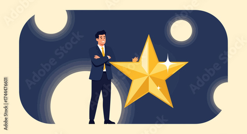 Achieving Excellence Man Posing Beside Shining Gold Star Perfect Result Illustration