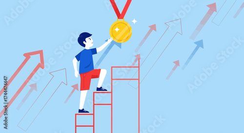 Achieving Success: Person Climbing Steps, Reaching For Medal, Progressing Toward Goal