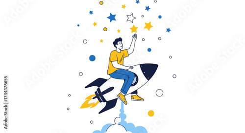 Achieving Success: Person Soaring on Rocket and Reaching For the Celestial Stars
