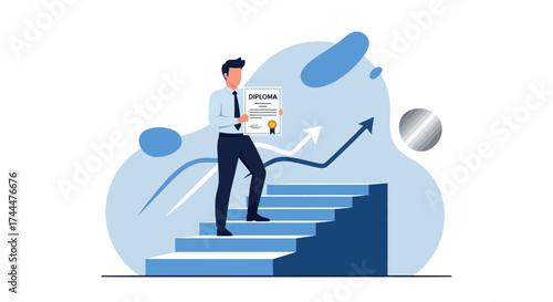 Achieving Success Step By Step: Illustration Of A Graduate Holding Diploma and Climbing Stairs