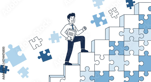 Achieving Goals: Businessman Ascending Steps Composed of Jigsaw Pieces Illustration