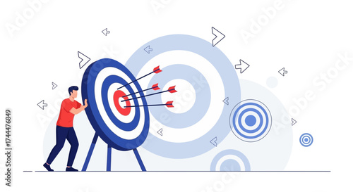 Achieving goals, target concept illustration, businessman pushing target achieve success