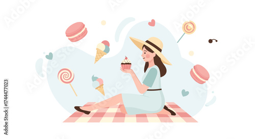 An Attractive Woman Relaxes While Having Sweets On A Decorative Mat Illustration