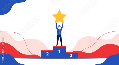 Achieving Success: A Businessman Celebrating Victory, Reaching For A Golden Star