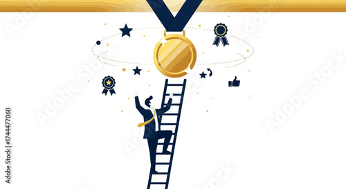 Achieving Success: A Businessman Climbing a Ladder To Grasp the Gold Medal Winner Achievement