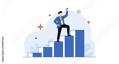 Achieving Success: Vector Illustration of Businessman at the Pinnacle with Triumph