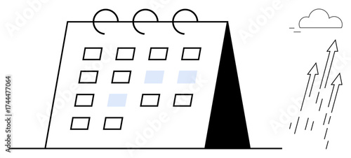 Calendar with highlighted dates and upward arrows signifying goals and achievements, complemented by a cloudy horizon. Ideal for productivity, time management, goal setting, planning, growth