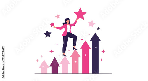 Achieving Success: Woman Climbing Arrows To Grasp The Shining Stars Of Her Dreams