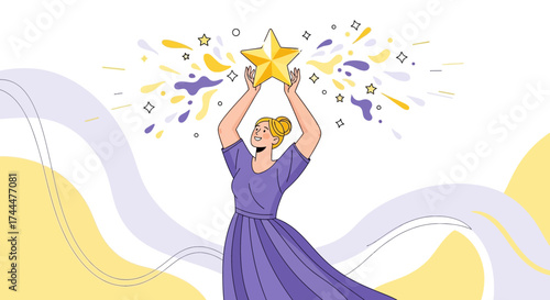 Achieving Success: Woman Holding Golden Star Celebrating Victory and Highlighting Achievement
