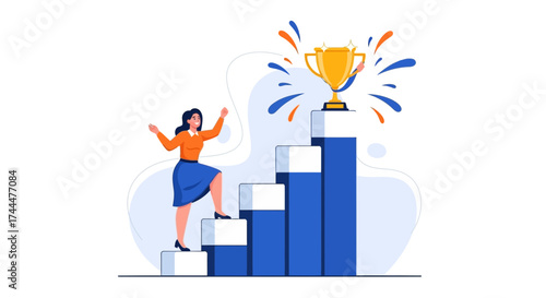 Achieving Success: Woman Climbing Chart Steps To Reach The Trophy and Victory