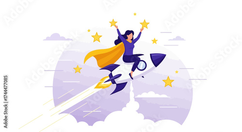 Achieving Success: Woman On Rocket, Embracing Stars, Reaching Goals In Flight
