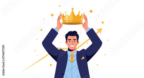 Achieving Success, A Confident Man Celebrating Leadership with a Golden Crown Symbol