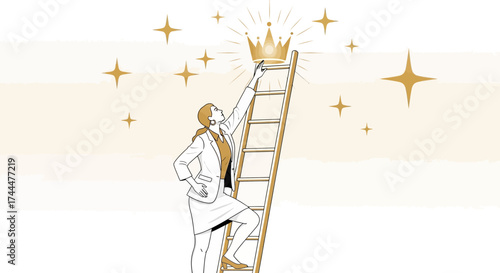 Achieving Success: A Businesswoman Reaching For A Crown On The Ladder Of Success