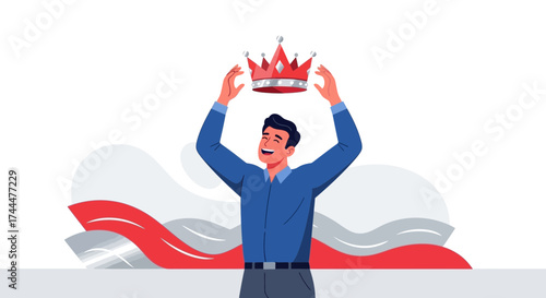 Achieving Your Goals Man Celebrates Success, Crown Placed Above The Head, Smiling, Victory