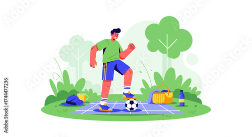 Active Individual Practices Football Outdoors Near Relaxing Picnic Amenities in the Sunshine