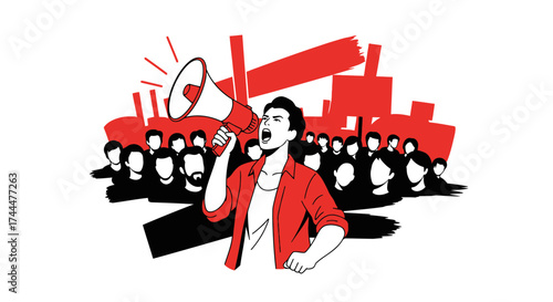 Activist Leading Rally with Megaphone, Demanding Attention and Seeking Solidarity, Powerful Message