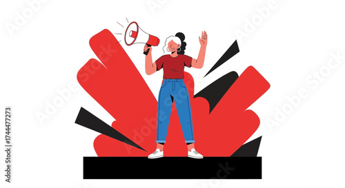 Activist Announcing Something Urgent With Megaphone And Bold Abstract Artistic Background