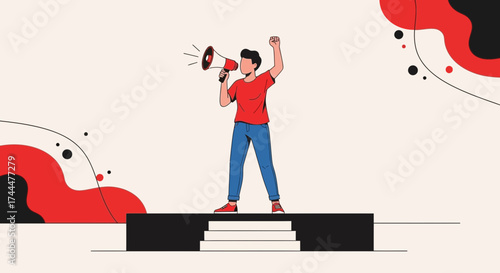 Activist Amplifying His Message, Standing on Stage, Announcing Ideas, Vector Illustration