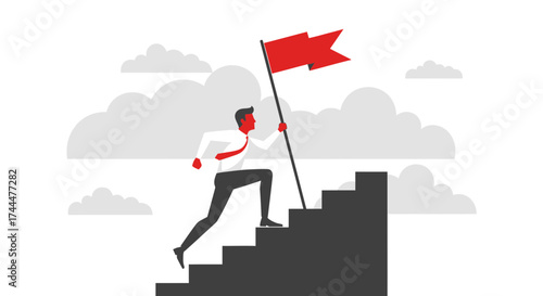 Achieving Success: A Determined Individual Climbing Towards The Flag Of Triumph