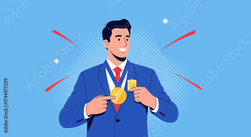 Admiring The Achievement: Illustration Of A Person Displaying Recognition With A Medal Award