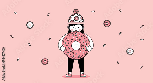 Adorable illustration of a person holding a giant pink donut with toppings and pattern
