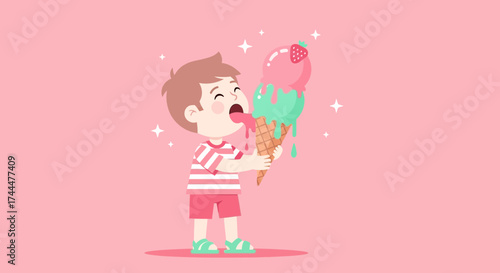 Adorable Kid Enjoying a Delicious Ice Cream Cone on a Pink Background