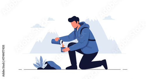Adventurer Pouring Refreshment While Enjoying Mountainous Scenery and Outdoor Activities