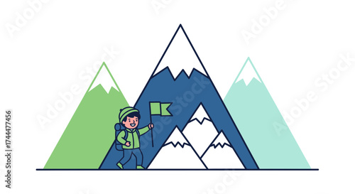 Adventurer Reaching Summit With Green Flag, Symbolic Of Goal Achievement, Success