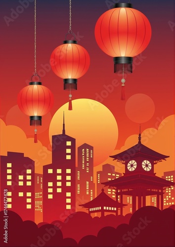 Red lanterns hanging above city skyline during sunset  