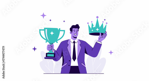 Achieving Success: A Victor Holding a Trophy and Crown, Symbolizing Victory