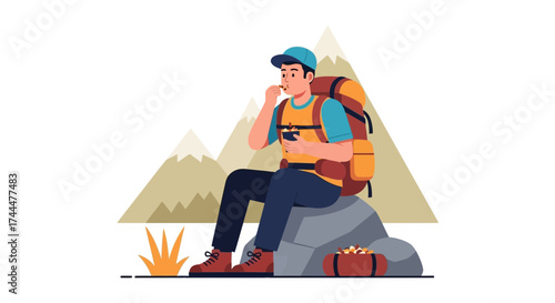 Adventurer Taking A Break And Enjoying Snacks During Outdoor Mountain Hiking Trip