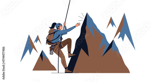Adventurous Female Climber Ascending a Mountain With Determination to Reach the Summit Peak
