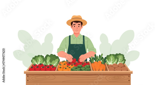 Affable Farmer Presents Fresh Produce Displayed Beautifully At Farmers' Market Stall