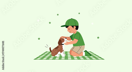 Affectionate Moment: Young Boy Tenderly Stroking His Adorable Dog's Head in Summer
