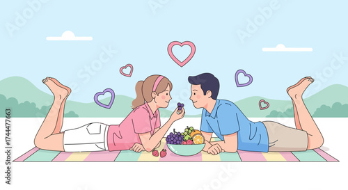 Affectionate Picnic Sharing Fruit, Cherishing Romantic Moments and Blissful Connection
