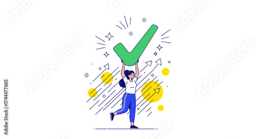 Affirmation Illustration: Empowering Woman Holds Giant Checkmark In Success Celebration