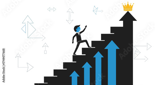 Achieving Success: Business Goal With Crown Above The Stairs and Arrows of Achievement