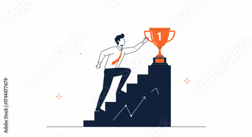 Achieving Success: Business Person Climbing Stairs to Grab First Place Trophy in Competition