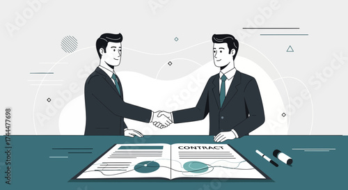 Agreement Established: Two Business Partners Seal The Deal With Handshake and Contract