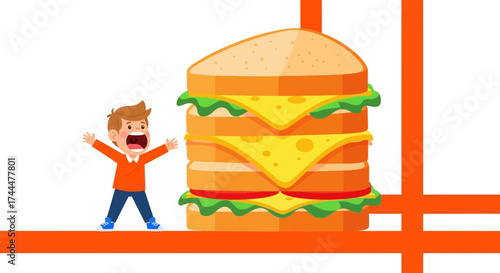 Amazed Child Gazing At Gigantic Delicious Sandwich Food Feast Cartoon Illustration